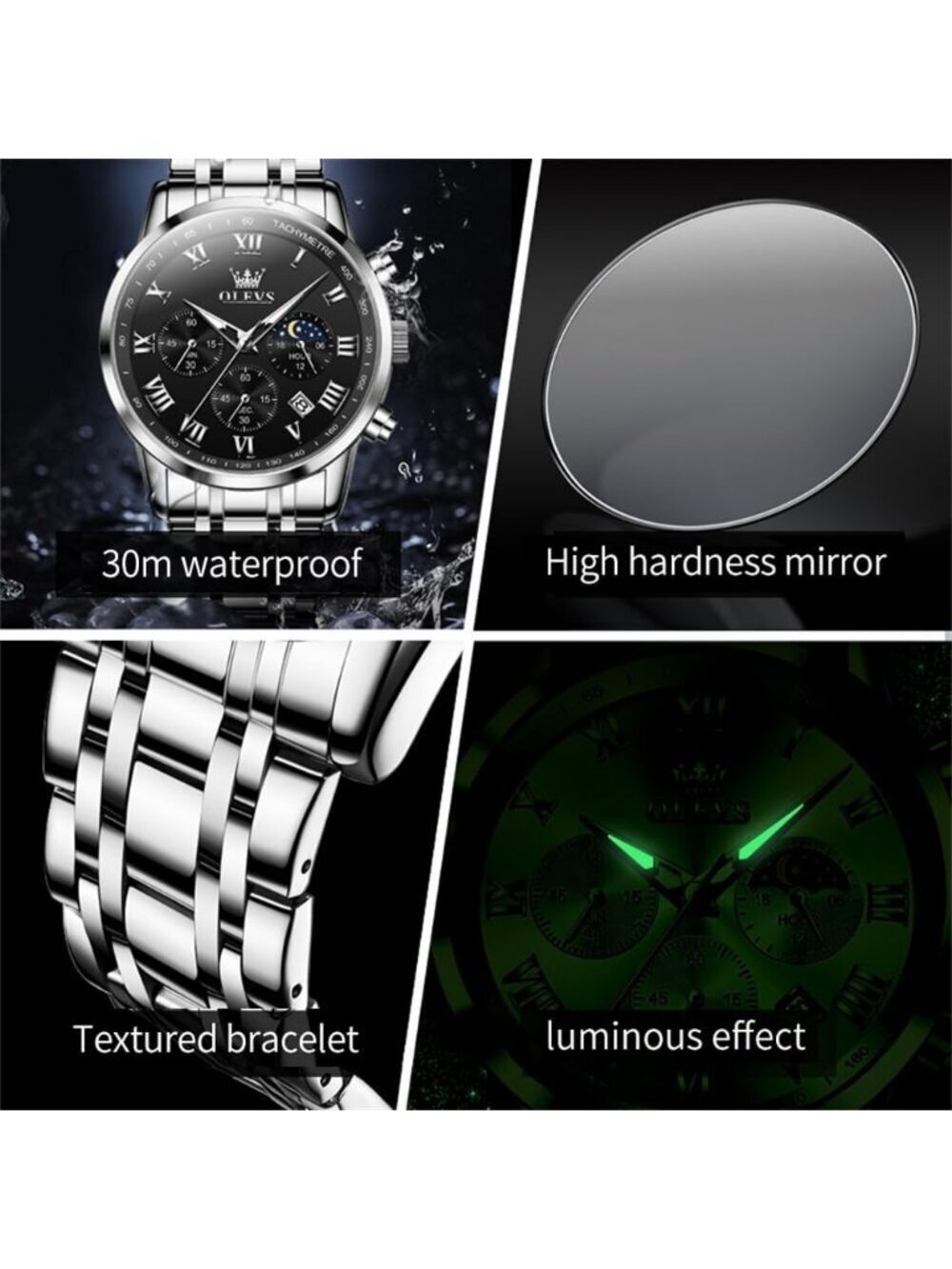 Olevs Men's Silver Black Multifunction Waterproof Luminous Chronograph Watch - Picture 4 of 6